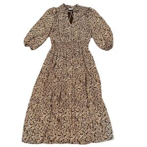 BLU PEPPER Women Floral Smocked Midi Dress Small Brown Boho Tiered Puff Sleeve